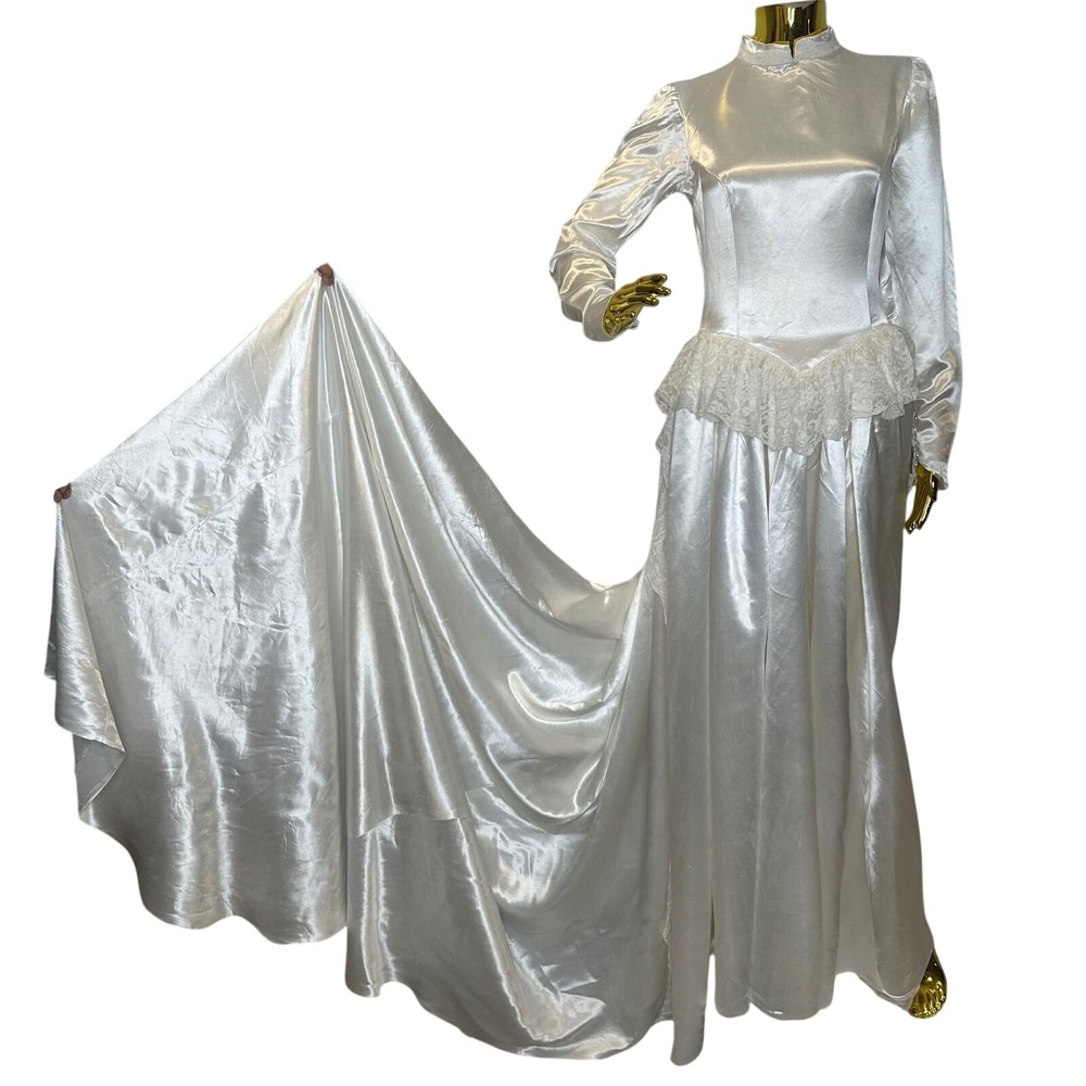 Vintage 40s White Satin Long Sleeve Wedding Dress Lace Basque Bridal Gown 4/6